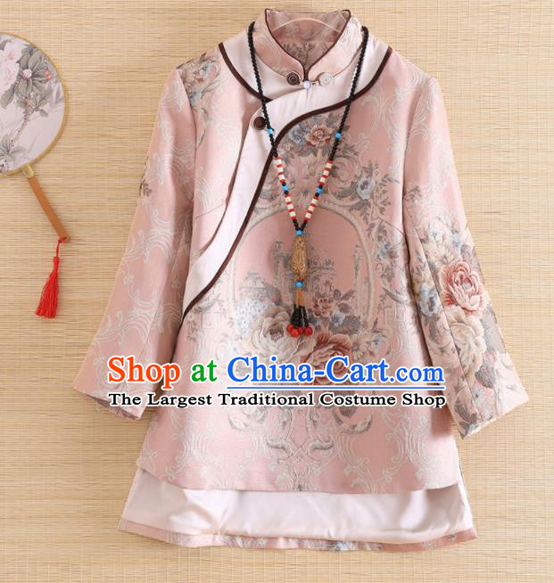 Chinese Traditional Tang Suit Printing Pink Blouse National Costume Qipao Upper Outer Garment for Women