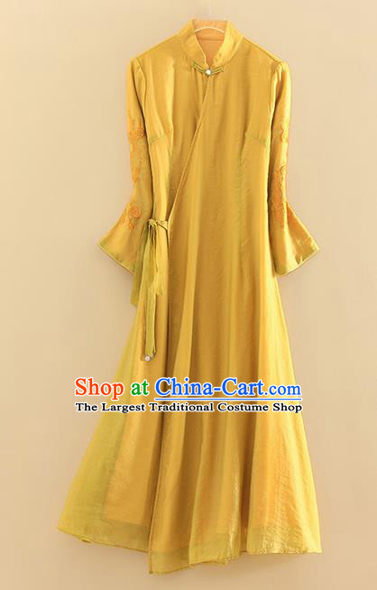 Chinese Traditional Tang Suit Embroidered Yellow Linen Cheongsam National Costume Qipao Dress for Women