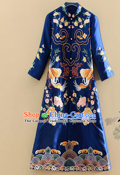 Chinese Traditional Tang Suit Embroidered Peony Crane Royalblue Dust Coat National Costume Qipao Outer Garment for Women