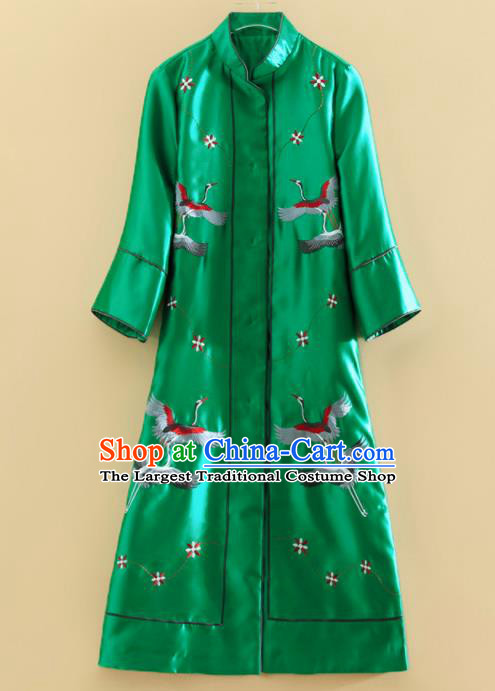 Chinese Traditional Tang Suit Embroidered Cranes Green Dust Coat National Costume Qipao Outer Garment for Women