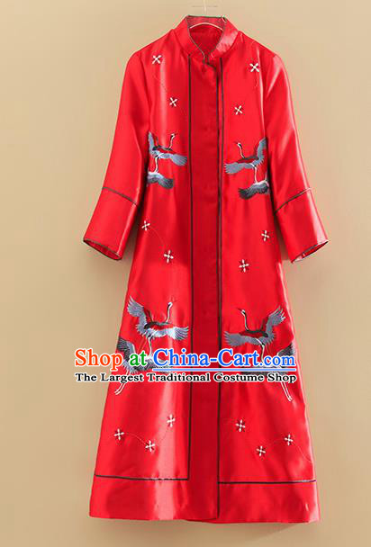 Chinese Traditional Tang Suit Embroidered Cranes Red Dust Coat National Costume Qipao Outer Garment for Women