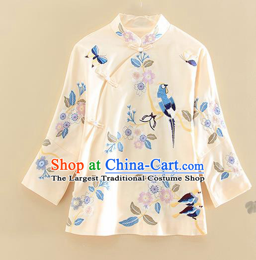 Chinese Traditional Tang Suit Embroidered Beige Shirt National Costume Qipao Upper Outer Garment for Women