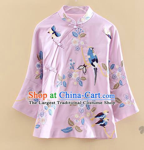 Chinese Traditional Tang Suit Embroidered Purple Shirt National Costume Qipao Upper Outer Garment for Women