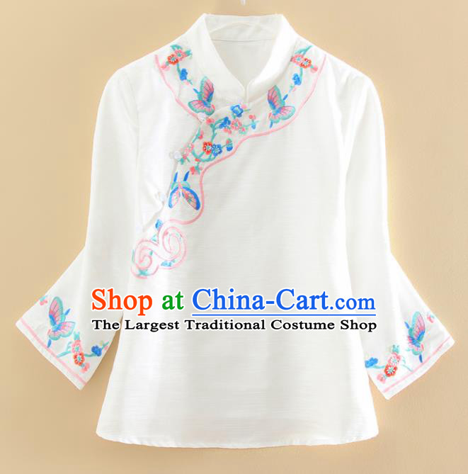 Chinese Traditional Tang Suit Embroidered Butterfly White Shirt National Costume Qipao Upper Outer Garment for Women