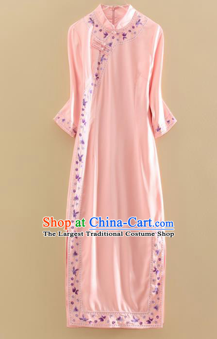 Chinese Traditional Tang Suit Embroidered Butterfly Pink Cheongsam National Costume Qipao Dress for Women