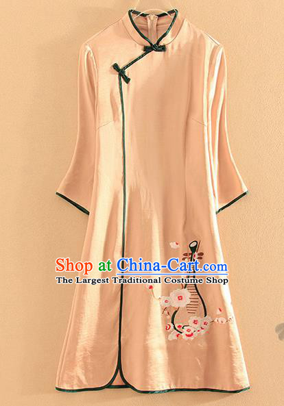 Chinese Traditional Tang Suit Embroidered Khaki Cheongsam National Costume Qipao Dress for Women