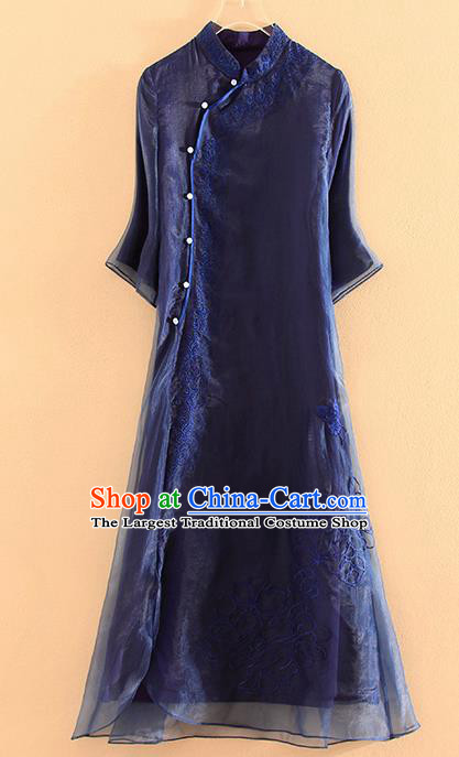 Chinese Traditional Tang Suit Embroidered Navy Organza Cheongsam National Costume Qipao Dress for Women