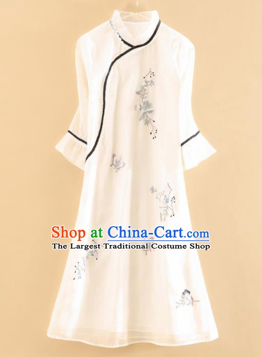 Chinese Traditional Tang Suit Embroidered White Cheongsam National Costume Qipao Dress for Women