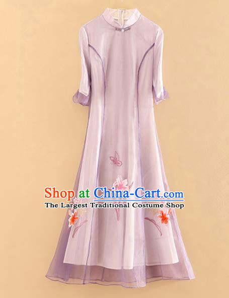 Chinese Traditional Tang Suit Embroidered Lotus Purple Cheongsam National Costume Qipao Dress for Women