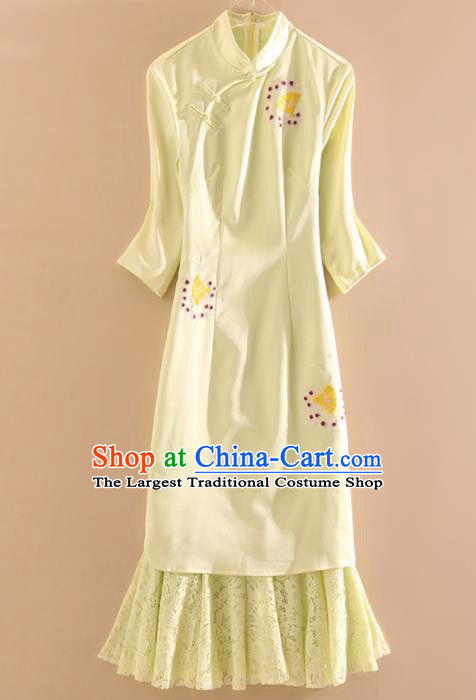 Chinese Traditional Tang Suit Embroidered Yellow Lace Cheongsam National Costume Qipao Dress for Women