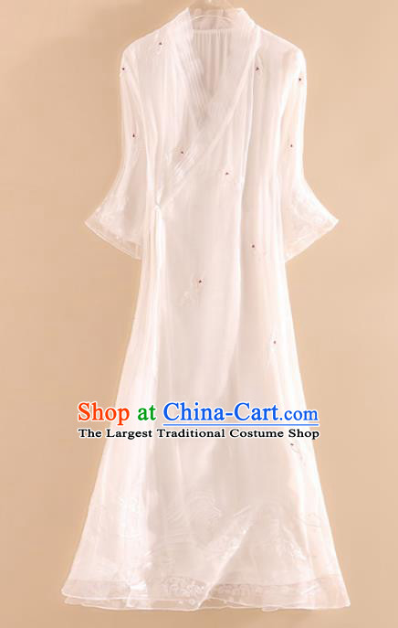 Chinese Traditional Tang Suit Embroidered Crane White Organza Cheongsam National Costume Qipao Dress for Women