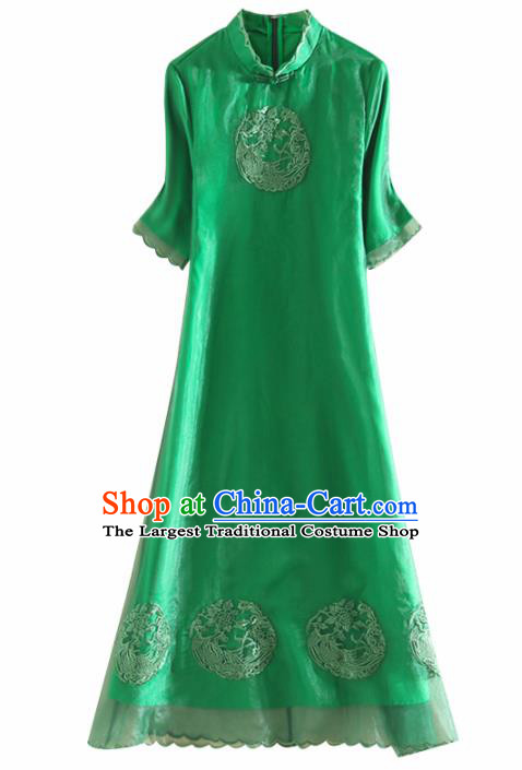 Chinese Traditional Tang Suit Embroidered Phoenix Green Cheongsam National Costume Qipao Dress for Women