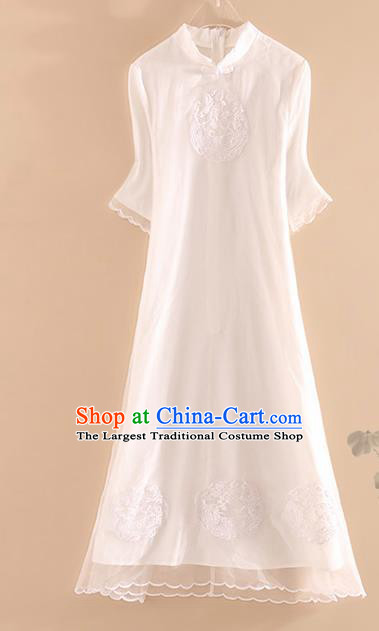 Chinese Traditional Tang Suit Embroidered Phoenix White Cheongsam National Costume Qipao Dress for Women