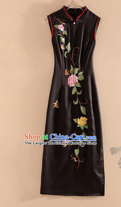 Chinese Traditional Tang Suit Embroidered Peony Black Silk Cheongsam National Costume Qipao Dress for Women