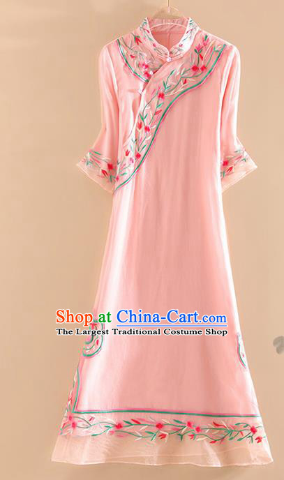 Chinese Traditional Tang Suit Embroidered Flowers Pink Cheongsam National Costume Qipao Dress for Women