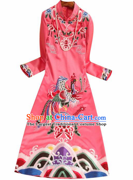 Traditional Chinese National Embroidered Phoenix Pink Qipao Dress Tang Suit Cheongsam Costume for Women