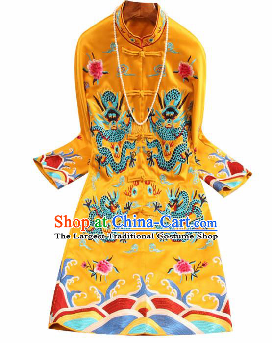 Chinese Traditional Tang Suit Embroidered Dragons Golden Coat National Costume Qipao Upper Outer Garment for Women