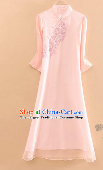 Traditional Chinese Tang Suit Embroidered Pink Cheongsam National Costume Qipao Dress for Women