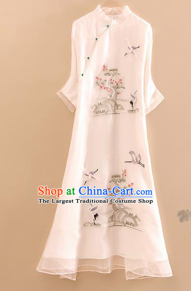 Traditional Chinese National Embroidered Pine Cranes White Qipao Dress Tang Suit Cheongsam Costume for Women