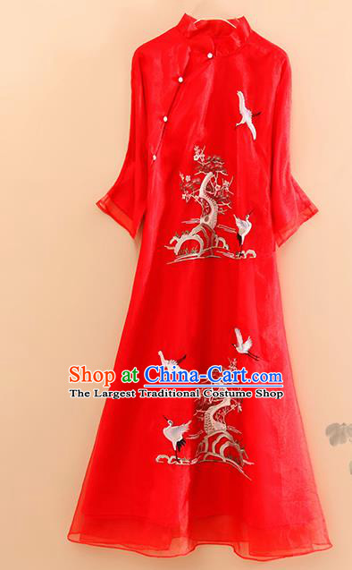 Traditional Chinese National Embroidered Pine Cranes Red Qipao Dress Tang Suit Cheongsam Costume for Women