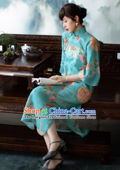 Traditional Chinese National Printing Peony Blue Flax Qipao Dress Tang Suit Cheongsam Costume for Women