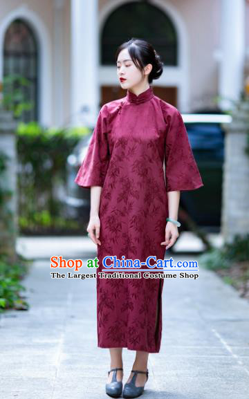 Traditional Chinese National Wine Red Brocade Qipao Dress Tang Suit Cheongsam Costume for Women