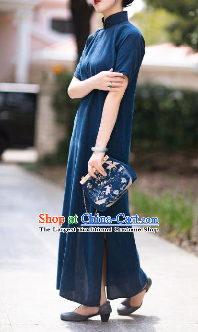 Traditional Chinese National Navy Blue Silk Qipao Dress Tang Suit Cheongsam Costume for Women