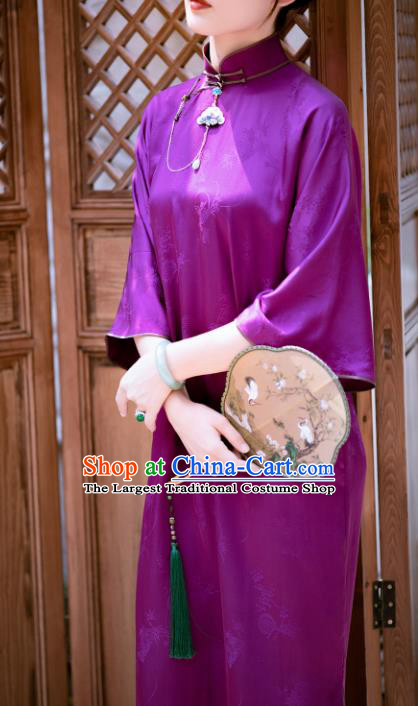 Traditional Chinese National Purple Silk Qipao Dress Tang Suit Cheongsam Costume for Women