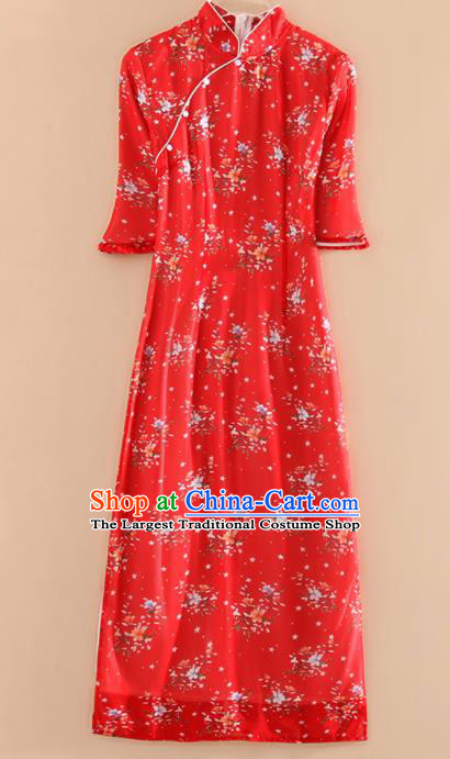 Chinese Traditional Tang Suit Printing Red Cheongsam National Costume Qipao Dress for Women