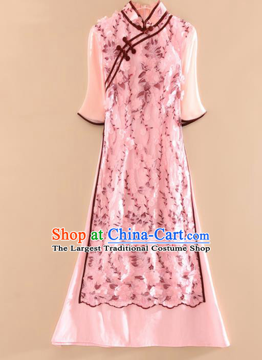 Chinese Traditional Tang Suit Printing Pink Cheongsam National Costume Qipao Dress for Women