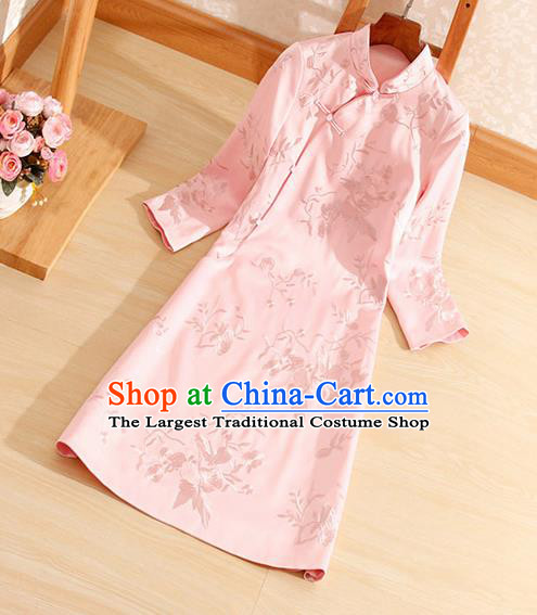 Traditional Chinese National Embroidered Pink Qipao Dress Tang Suit Cheongsam Costume for Women