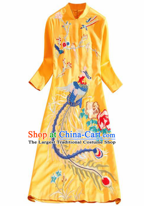 Traditional Chinese National Embroidered Phoenix Plum Golden Qipao Dress Tang Suit Cheongsam Costume for Women