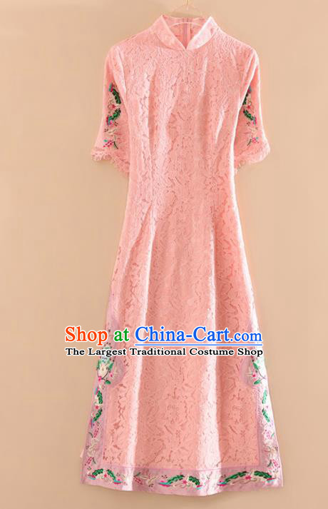 Chinese Traditional Tang Suit Embroidered Pink Lace Cheongsam National Costume Qipao Dress for Women