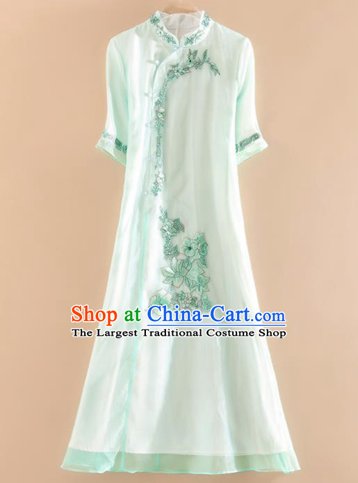 Chinese Traditional Tang Suit Embroidered Light Green Cheongsam National Costume Qipao Dress for Women