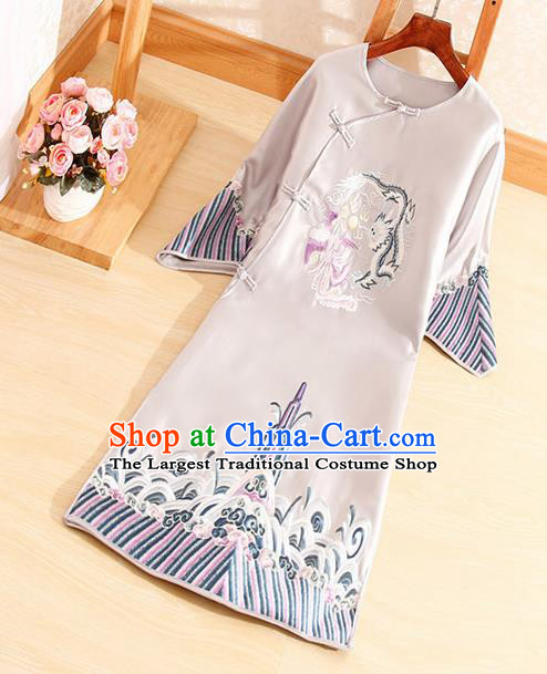 Traditional Chinese National Embroidered Dragon Phoenix Grey Qipao Dress Tang Suit Cheongsam Costume for Women