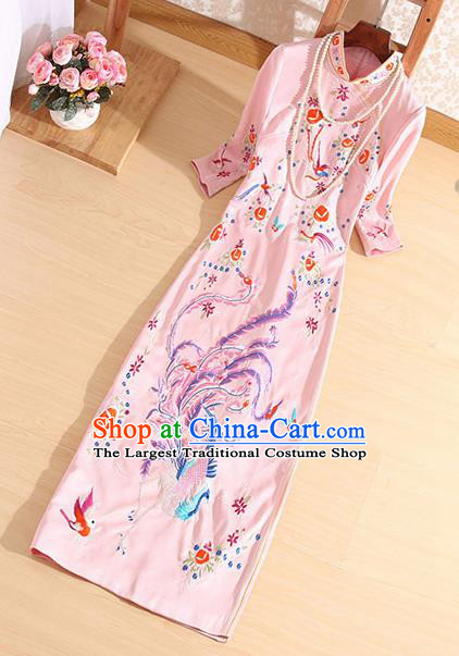 Traditional Chinese National Embroidered Phoenix Pink Qipao Dress Tang Suit Cheongsam Costume for Women