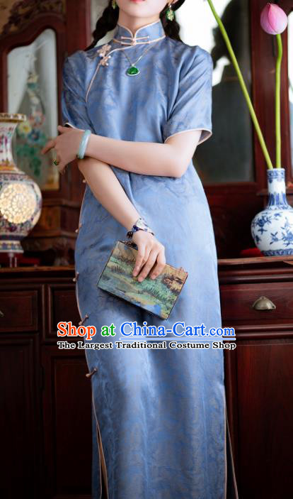 Traditional Chinese National Lake Blue Silk Qipao Dress Tang Suit Cheongsam Costume for Women