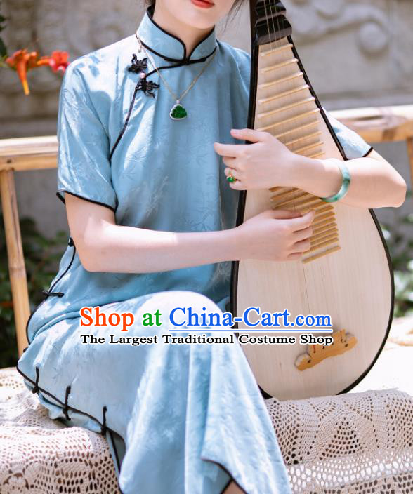 Traditional Chinese Late Qing Dynasty Blue Silk Qipao Dress National Tang Suit Cheongsam Costume for Women