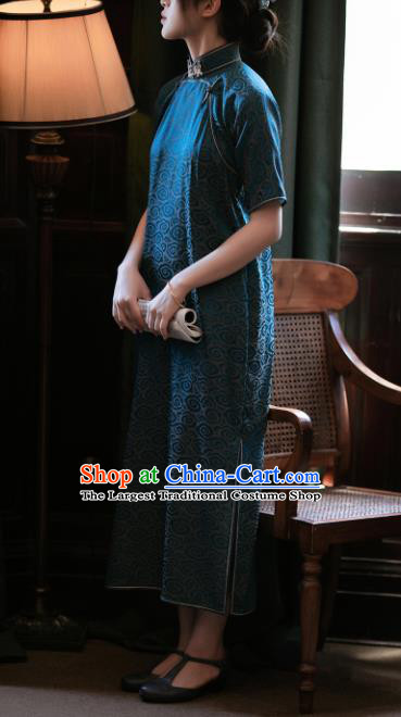 Traditional Chinese Late Qing Dynasty Lake Blue Silk Qipao Dress National Tang Suit Cheongsam Costume for Women