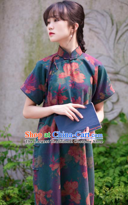 Traditional Chinese Printing Lotus Deep Green Qipao Dress National Tang Suit Cheongsam Costume for Women