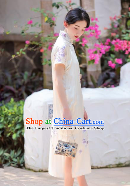 Traditional Chinese Embroidered White Silk Qipao Dress National Tang Suit Cheongsam Costume for Women