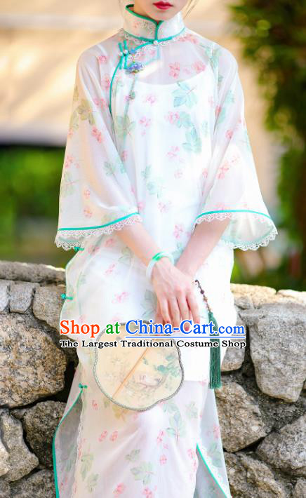 Traditional Chinese Printing White Qipao Dress National Tang Suit Cheongsam Costume for Women