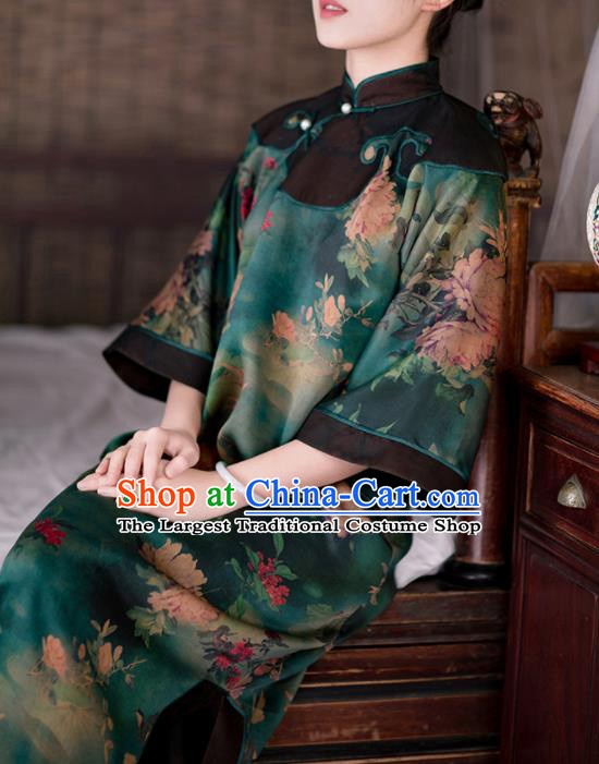 Traditional Chinese Printing Peony Green Silk Qipao Dress National Tang Suit Cheongsam Costume for Women