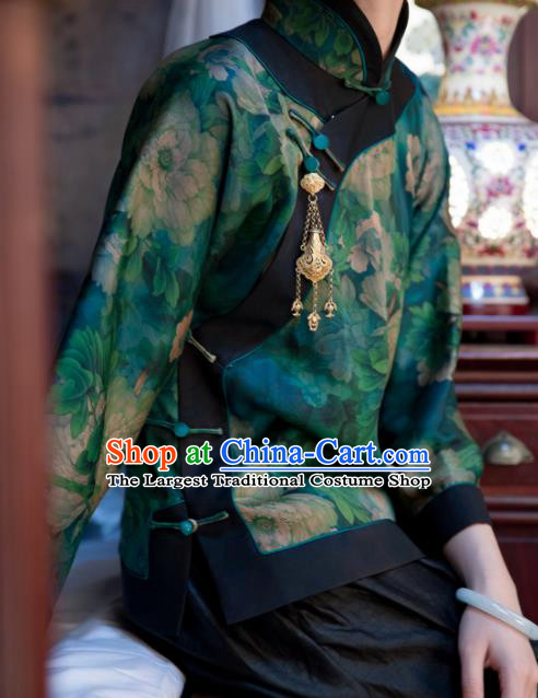 Chinese Traditional Tang Suit Printing Deep Green Silk Shirt National Costume Republic of China Qipao Upper Outer Garment for Women