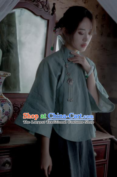 Chinese Traditional Tang Suit Green Flax Shirt National Costume Republic of China Qipao Upper Outer Garment for Women