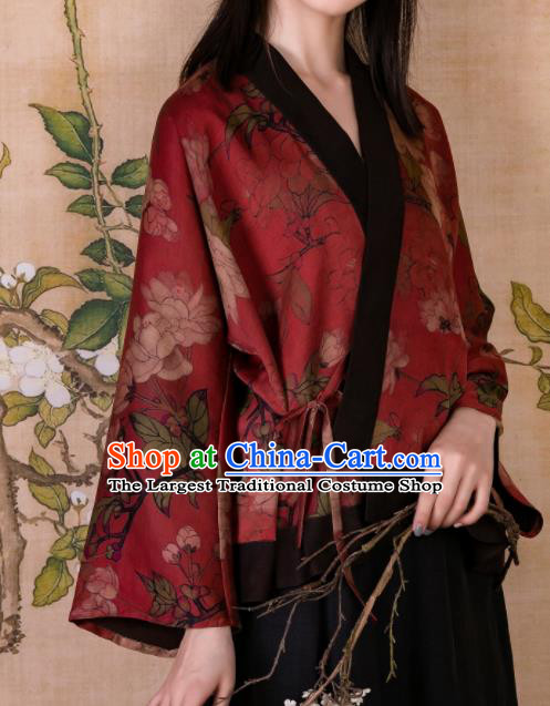 Chinese Traditional Tang Suit Printing Red Silk Shirt National Costume Republic of China Qipao Upper Outer Garment for Women