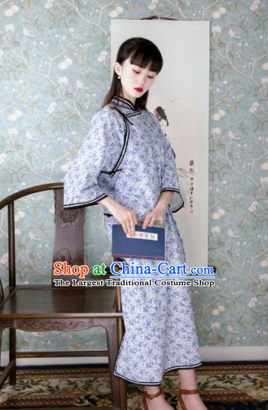 Traditional Chinese Printing Blue Flowers Qipao Dress National Tang Suit Cheongsam Costume for Women