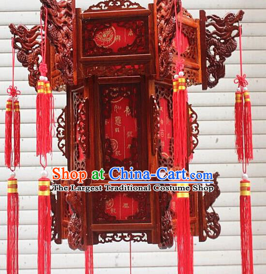 Chinese Traditional Carving Dragons Rosewood Palace Lantern Asian New Year Handmade Lantern Ancient Lamp