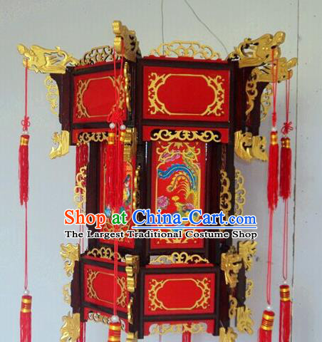 Chinese Traditional Printing Phoenix Carving Rosewood Palace Lantern Asian New Year Handmade Lantern Ancient Lamp