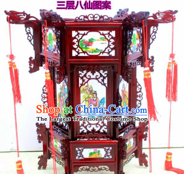 Chinese Traditional Handmade Printing Eight Immortals Carving Rosewood Palace Lantern Asian New Year Lantern Ancient Lamp